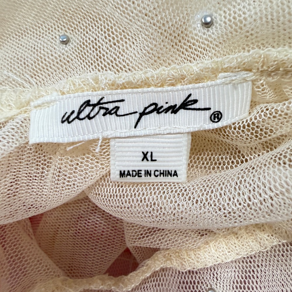 ULTRA PINK Cream Faux Pearl Embellished Sheer Mesh Tulle Blouse XL - Picture 4 of 7